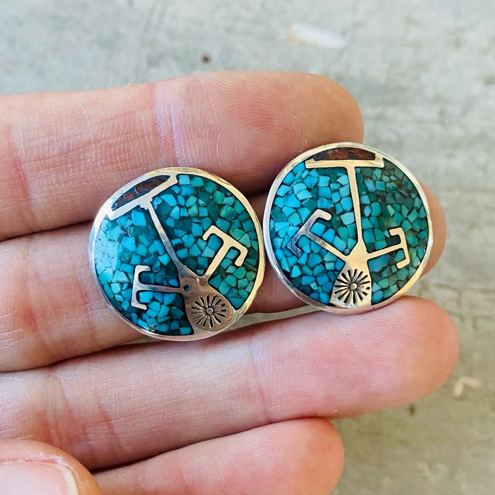 ♥️ Southwestern Style ♥️ Sterling Silver Turquoise & Red Coral Inlay Earrings